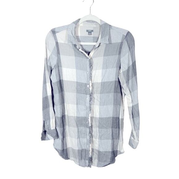 Aerie Grey White Colorblock Plaid Flannel Top Small | Button Front, Ruffle Trim - Picture 2 of 12
